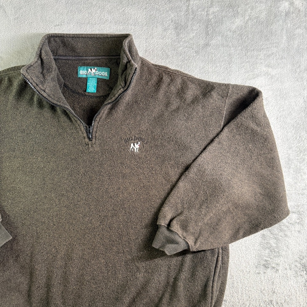 VTG Big Dogs Quarter Zip Pullover Mens Medium Brown Textured Knit Fleece Logo